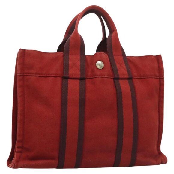 HERMES Fourre Tout PM Hand Bag Canvas Red Navy Auth bs27030 - Picture 11 of 16